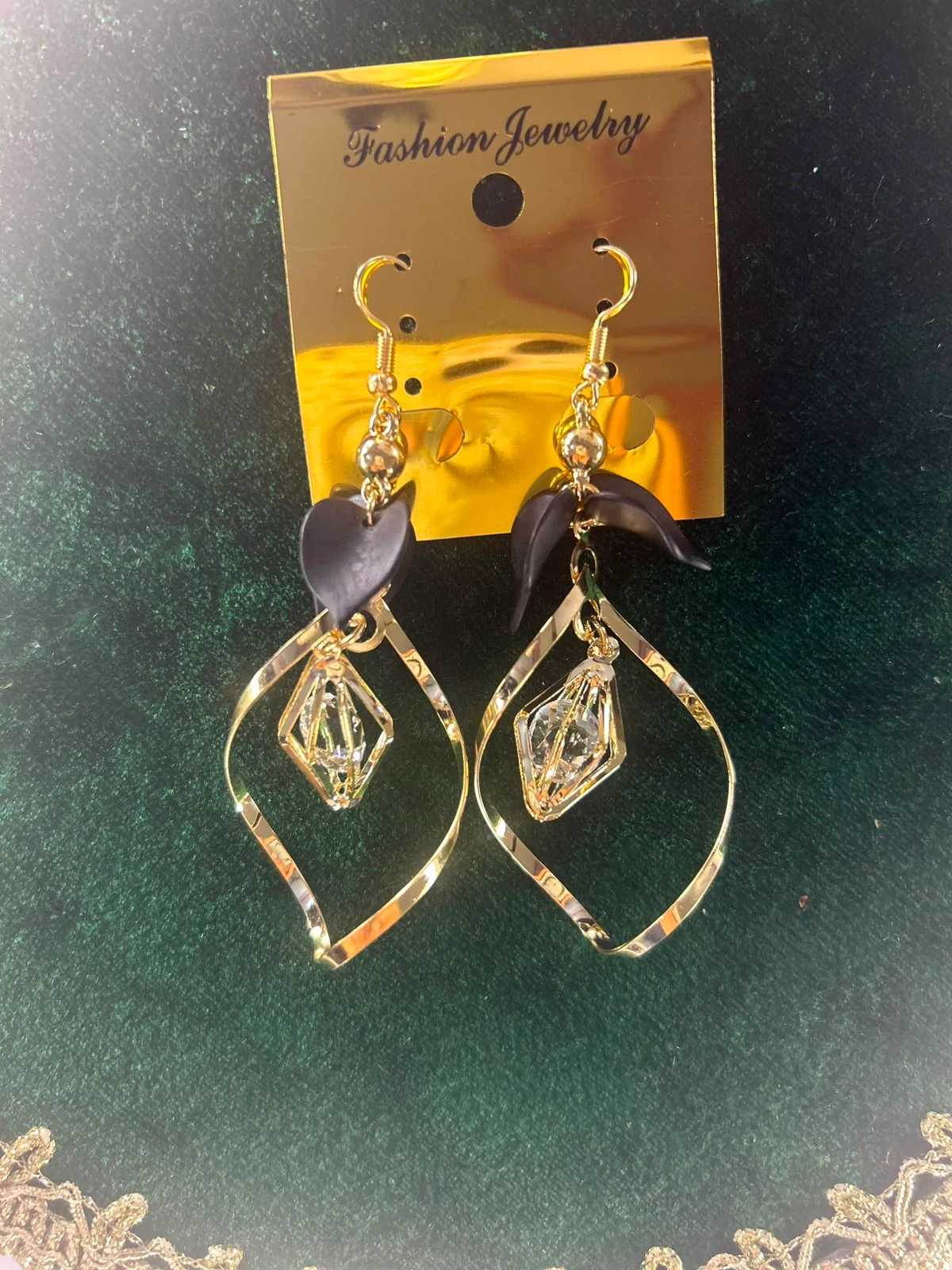 Black & Gold Crystal Drop Earrings